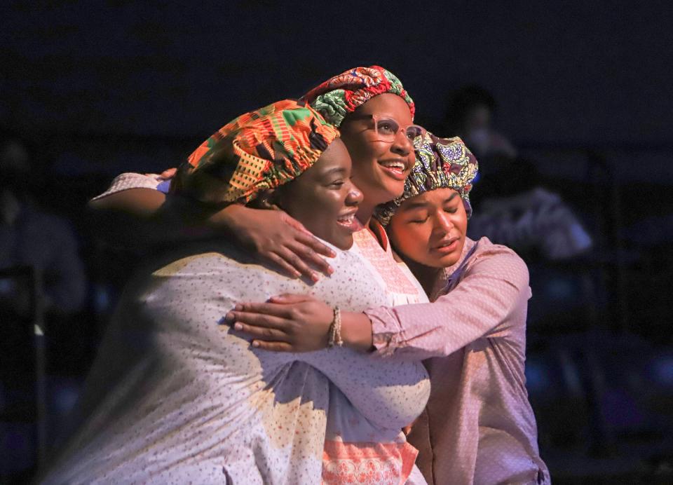 Left to right, Sermontee Brown, Shauna Marie and Jacinda Forbes in CATCO’s production of “School Girls; Or, the African Mean Girls Play.”