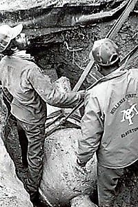 Workmen dig up the buried Dutchy statue in Elberton in 1982.