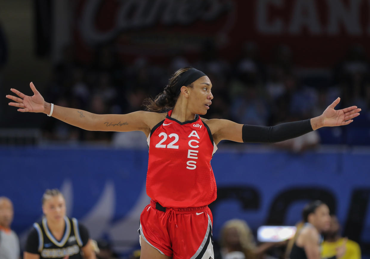 CHICAGO, IL - AUGUST 25: A'ja Wilson #22 of the Las Vegas Aces reacts after a play during the first half of a WNBA game against  the Chicago Sky on August 25, 2024 at Wintrust Arena in Chicago, Illinois. (Photo by Melissa Tamez/Icon Sportswire via Getty Images)