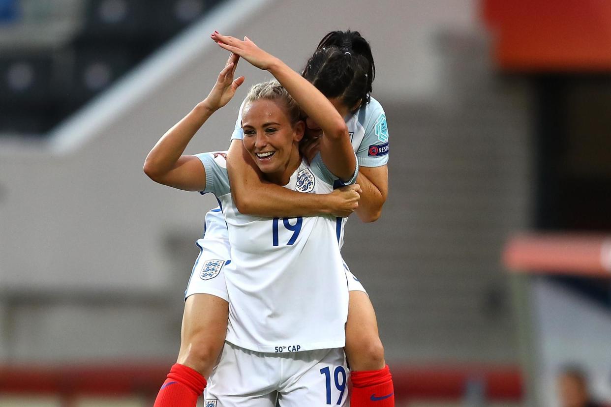 Duggan celebrates her 50th England cap with a goal: Getty Images