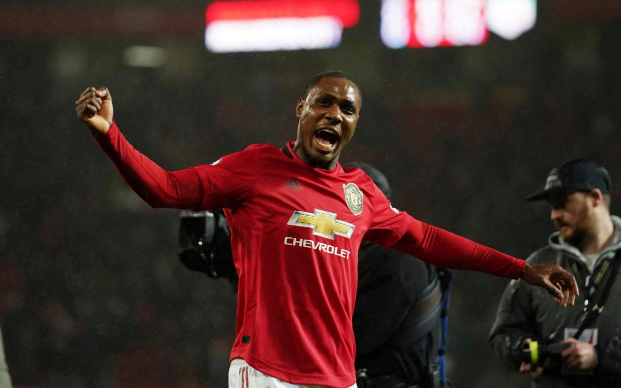 Manchester United's Odion Ighalo celebrates after the English Premier League soccer match between Manchester United and Manchester City at Old Trafford in Manchester, England, Sunday, March 8, 2020 - AP