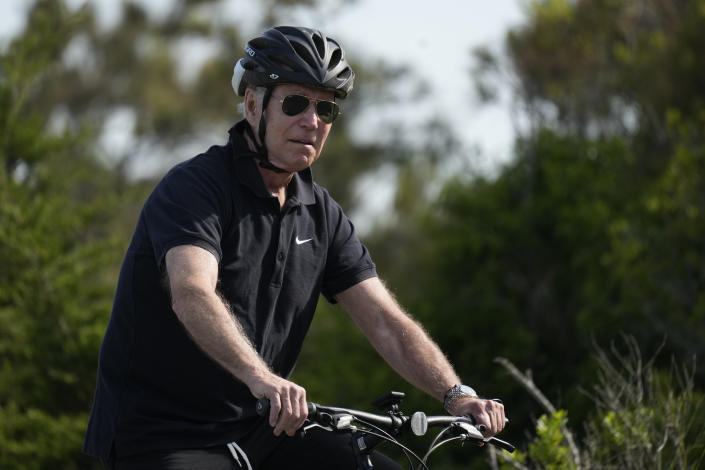 President Joe Biden goes on a bike ride in Gordons Pond State Park in Rehoboth Beach, Del., Sunday, May 14, 2023. (AP Photo/Carolyn Kaster)