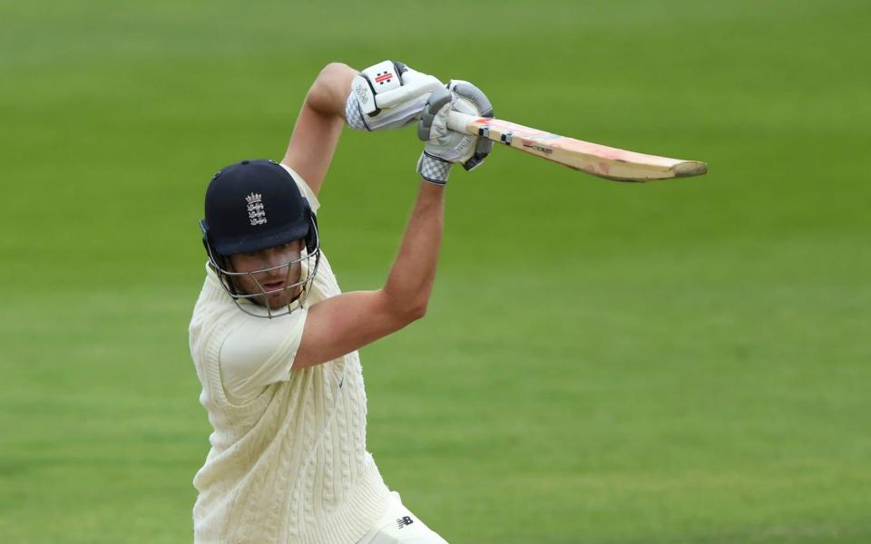 England's Dom Sibley bats during day three of a Warm Up match at the Ageas Bowl in Southampton, England, Friday July 3, 2020. - Stu Forster/Agency Pool via AP