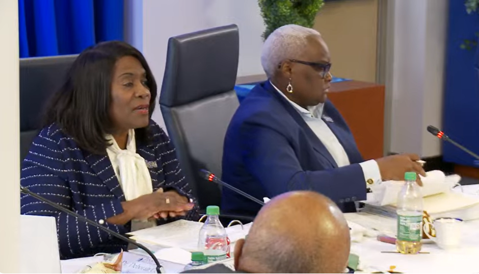 Tennessee State University President Glenda Glover, left, speaks during a Board of Trustees meeting on Thursday, Nov. 16, 2023, as board chair Deborah Cole, right, listens.