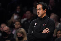 Miami Heat head coach Erik Spoelstra works the bench during the first half of an NBA basketball game against the Brooklyn Nets, Wednesday, Oct. 27, 2021, in New York. (AP Photo/John Minchillo)