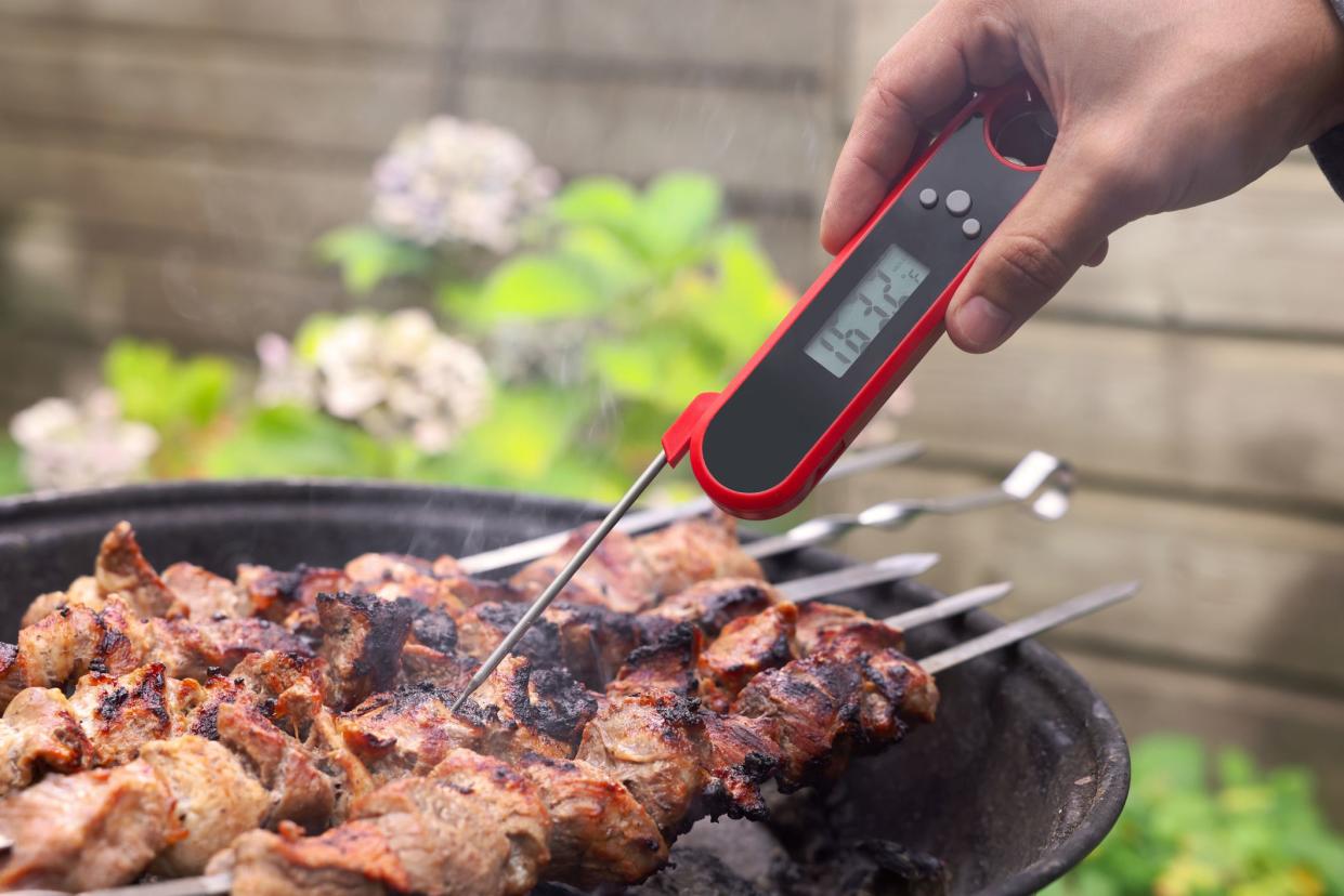 Man measuring temperature of delicious kebab on metal brazier outdoors, closeup