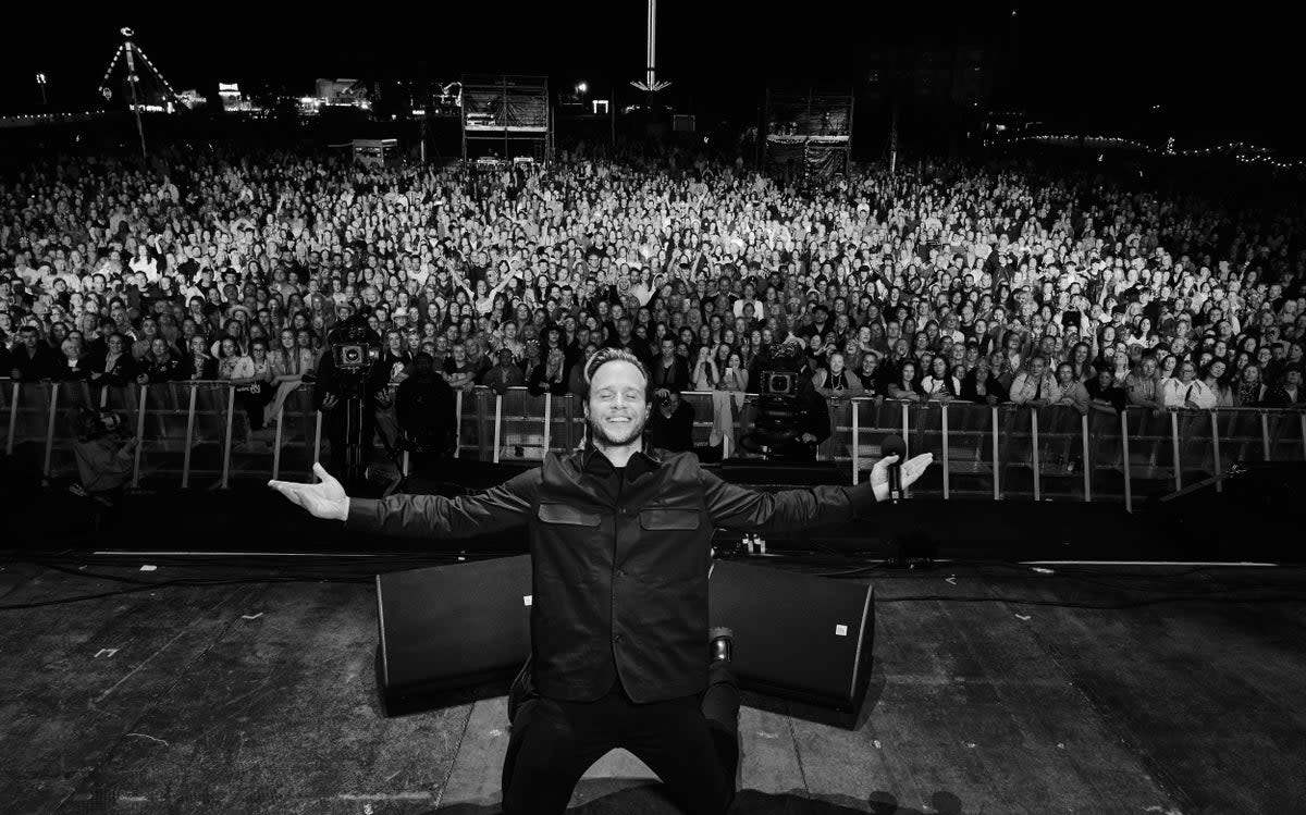 Singer Olly Murs closes his eyes for a moment during his appearance at Flackstock - the festival in memory of Caroline Flack (Ray Burmiston)