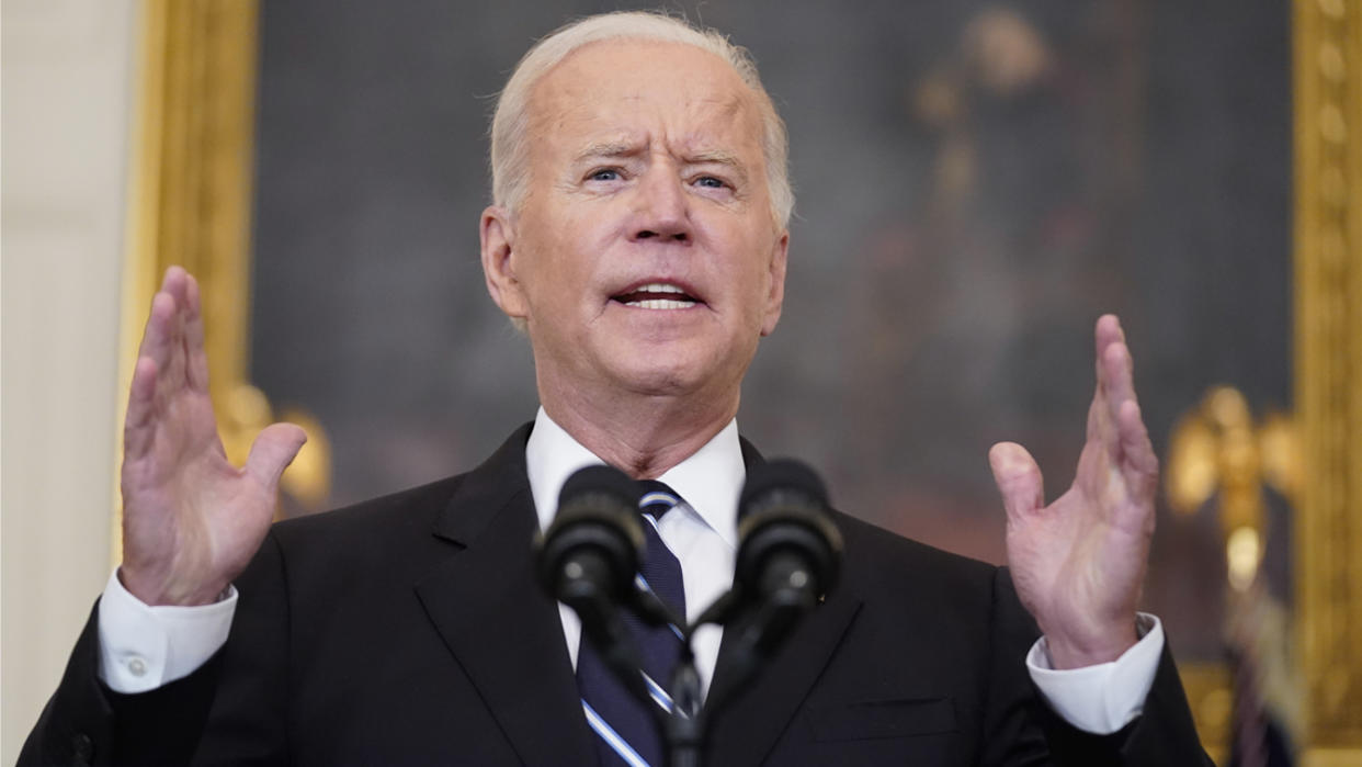 President Biden speaks in the State Dining Room at the White House on Thursday.