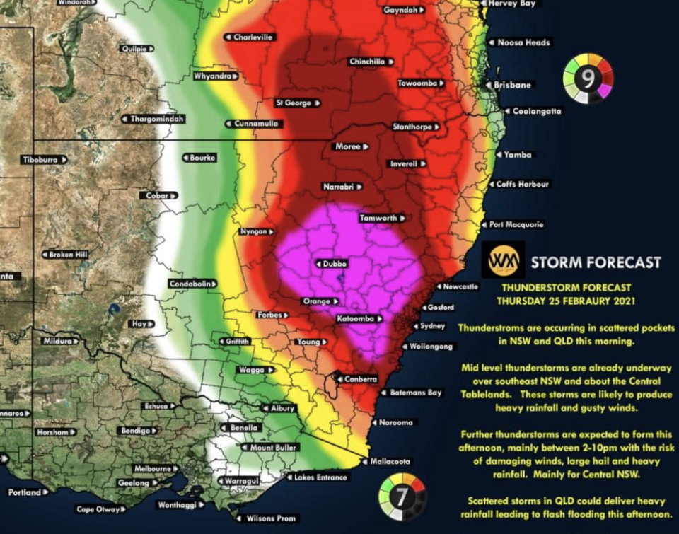 A forecast map showing the intense thunderstorms in the area. Source: NSW Incident Alerts