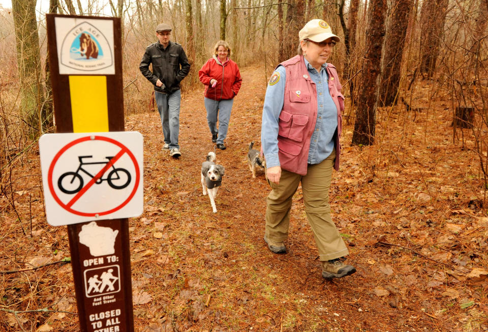 In this file photo, Dolly McNulty of Two Rivers hikes with friends along a section of the Ice Age Trail in Two Rivers.