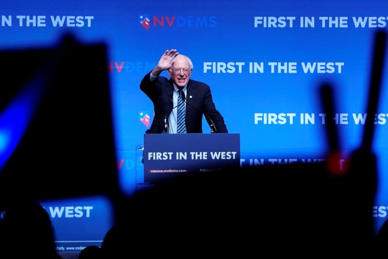 Bernie Sanders appears on stage at a First in the West Event at the Bellagio Hotel in Las Vegas
