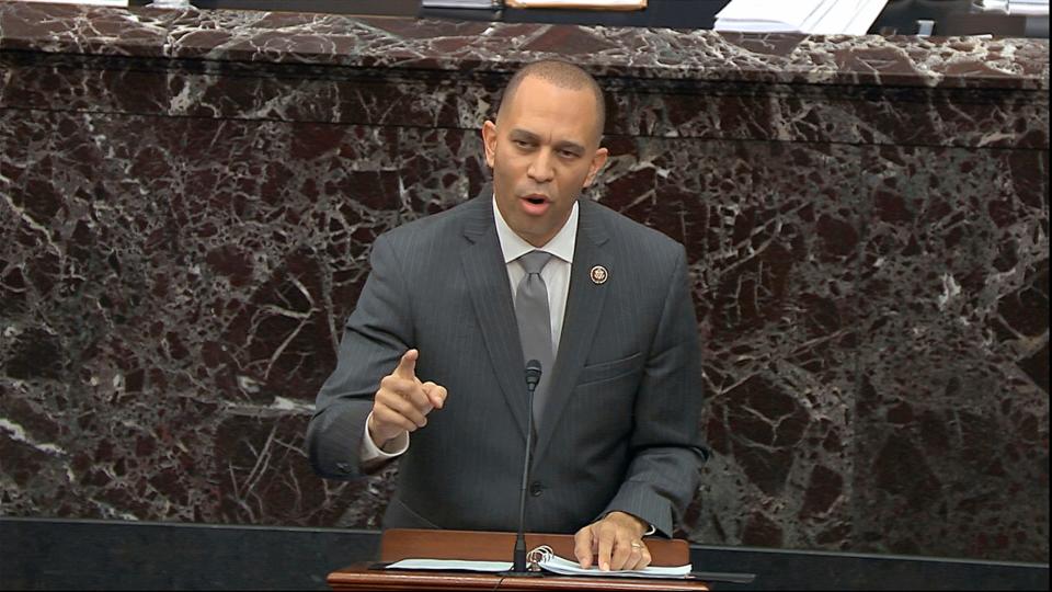 House impeachment manager Rep. Hakeem Jeffries, D-N.Y., speaks during the impeachment trial against President Donald Trump in the U.S. Senate.