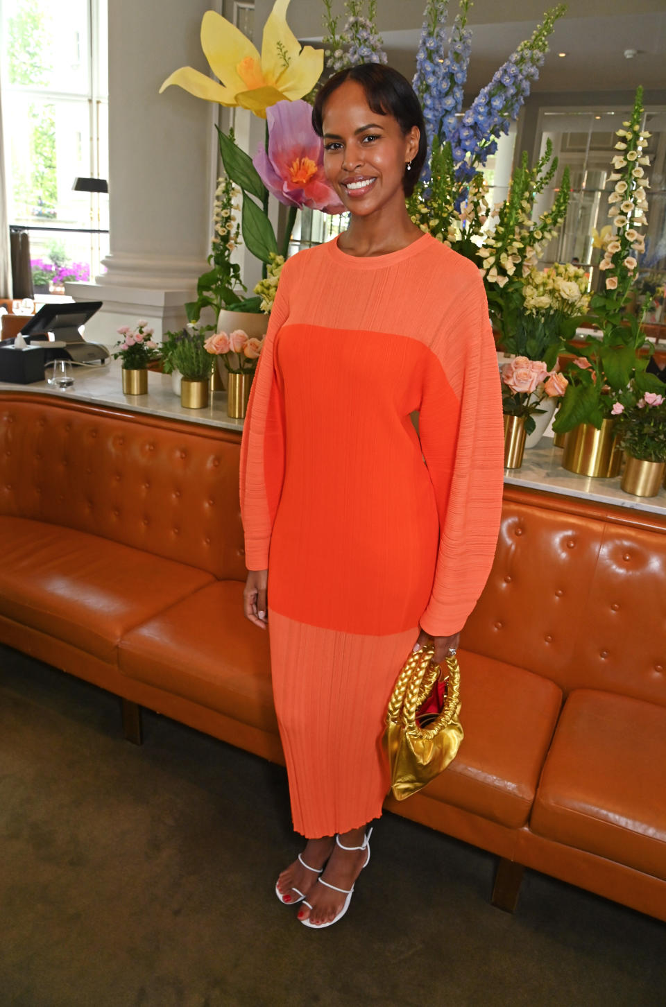 Sabrina Elba attends a lunch hosted by Corinthia London wearing strappy sandals