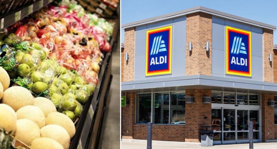 Fruit and vegetables in plastic (left) and Aldi store (right). Source: Aldi/Getty Images