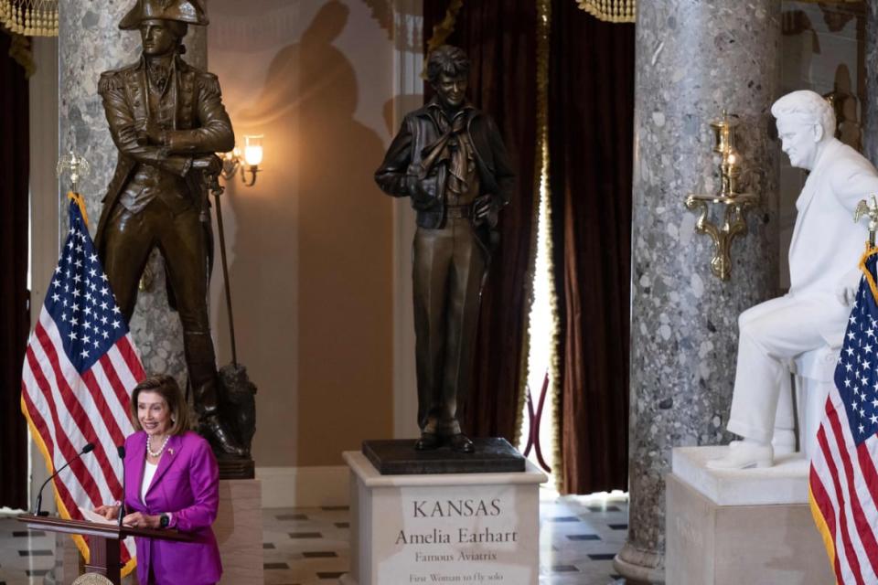 <div class="inline-image__caption"><p>Nancy Pelosi speaks during the unveiling of a statue of Amelia Earhart during a ceremony in Statuary Hall at the US Capitol.</p></div> <div class="inline-image__credit">SAUL LOEB/Getty</div>