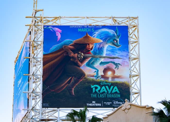 A billboard in Hollywood, California, promotes the Disney movie "Raya and the Last Dragon"