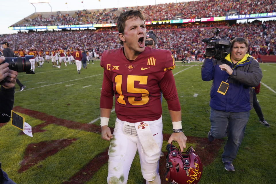 Iowa State quarterback Brock Purdy (15) celebrates after an NCAA college football game against Oklahoma State, Saturday, Oct. 23, 2021, in Ames, Iowa. Iowa State won 24-21. (AP Photo/Charlie Neibergall)