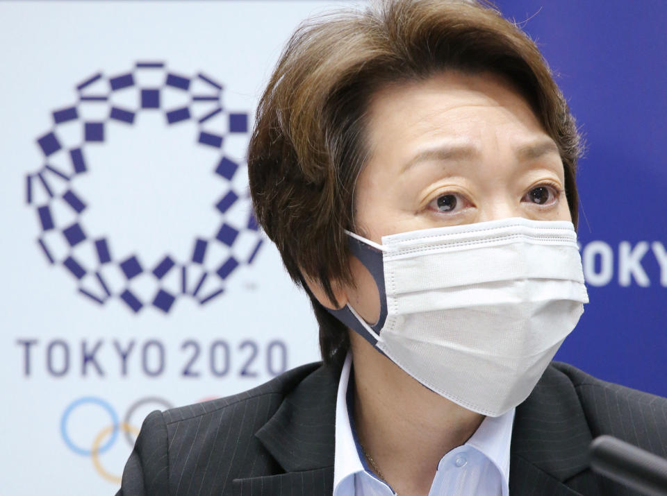 Seiko Hashimoto, the head of the Tokyo Olympics speaks during a press conference in Tokyo, Friday, April 16, 2021. Tokyo Olympic organizers are again being forced to assure the world that the postponed games will open in just over three months despite surging COVID-19 cases in Japan.(Kyodo News via AP)