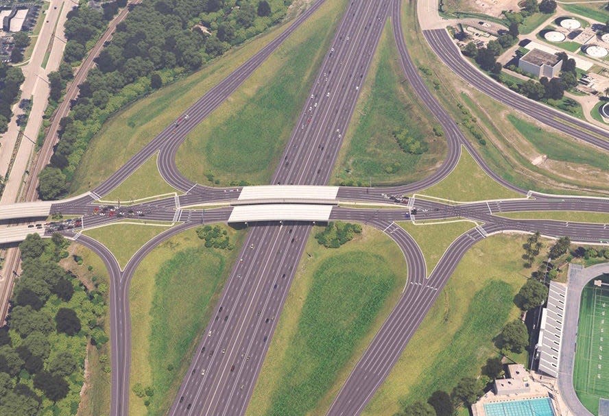 Rendering of the expected diverging diamond interchange set to debut at Glades Road and I-95 in Boca Raton, in late January 2023.