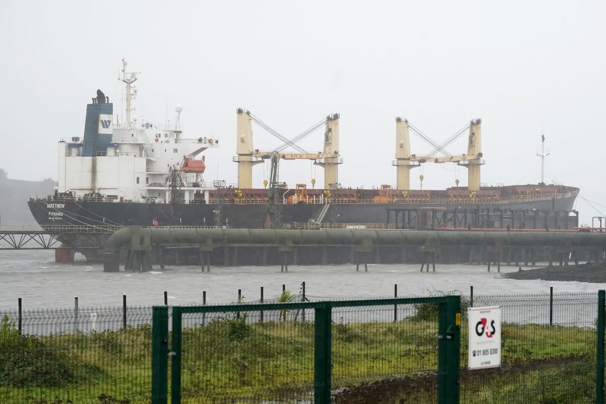 Cargo vessel MV Matthew, moored at Marino Point in Cork, is being searched after a ‘significant quantity’ of suspected cocaine was found on board (Niall Carson/PA) (PA Wire)