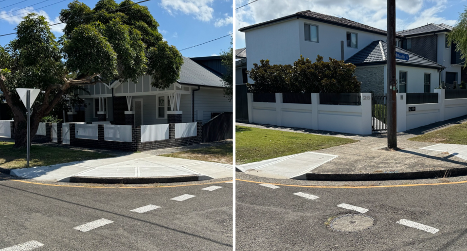 A corner on a residential street showing a yellow line-markings at a road junction. 