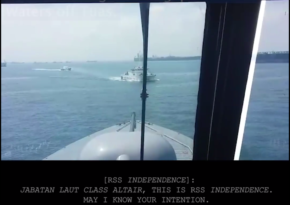 A Malaysian vessel intruding into Singapore territorial waters off Tuas. (Screenshot of video by Singapore’s Ministry of Defence)