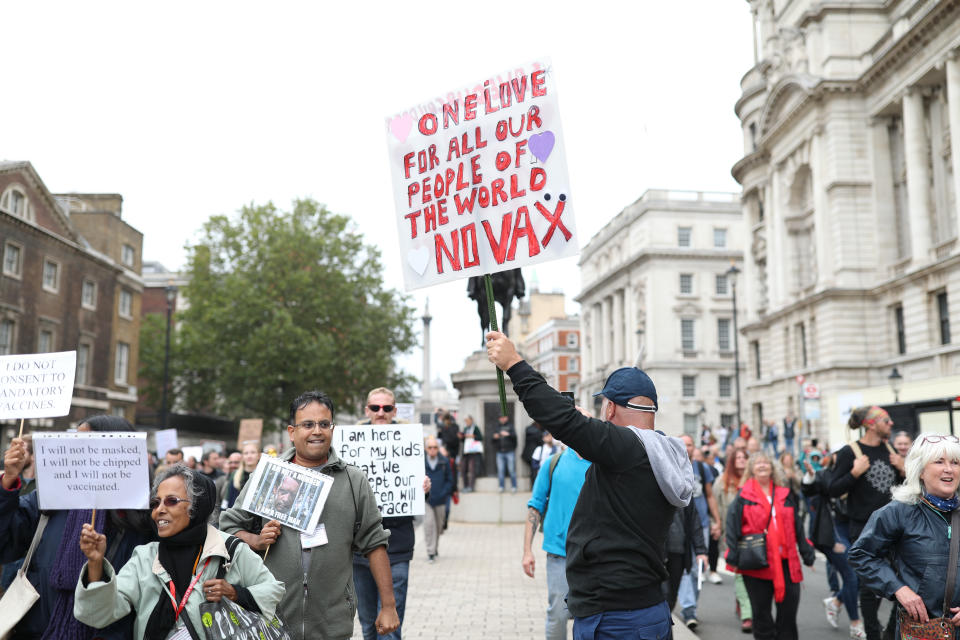 Anti-lockdown protesters gather at the 'Unite For Freedom' rally in Trafalgar Square, London.