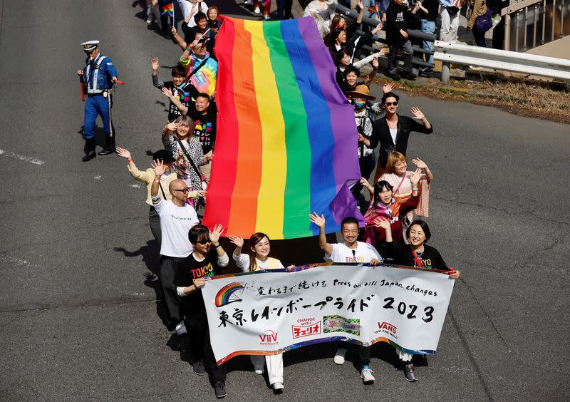 Participants march during the Tokyo Rainbow Pride parade, celebrating advances in LGBTQ rights and calling for marriage equality, in Tokyo