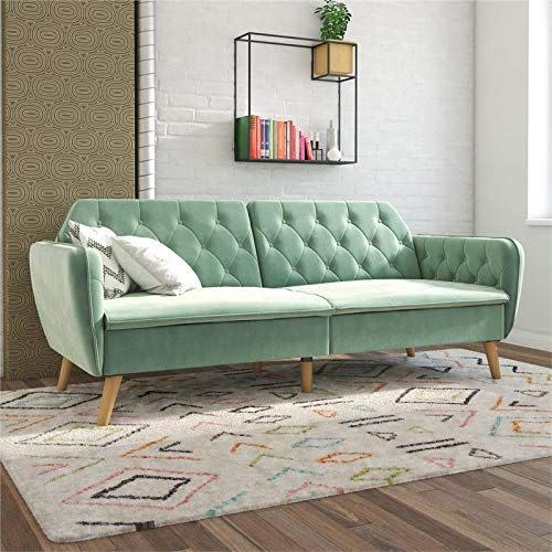 10) Novogratz Tallulah Memory Foam Sofa Bed, Light Green Velvet Futon,