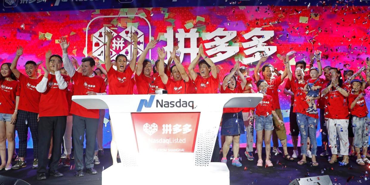 SHANGHAI, CHINA - JULY 26: Pinduoduo users attend the company's listing ceremony at Shanghai Tower on July 26, 2018 in Shanghai, China. Chinese online group discounter Pinduoduo Inc. (PDD) was listed on the Nasdaq Stock Market on Thursday. (Photo by Yin Liqin/China News Service/Visual China Group via Getty Images)