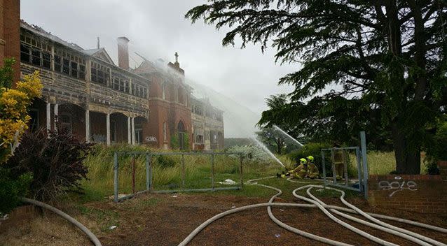 The 100-year-old building was victim of an arson attack on November 5, 2015 - exactly a year before the latest blaze. Picture: 7 News