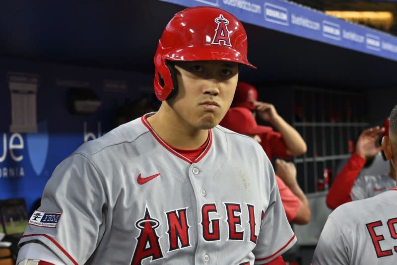 The Los Angeles Angels said designated hitter Shohei Ohtani, who tore a ligament in his right elbow, is "day-to-day." File Photo by Jim Ruymen/UPI