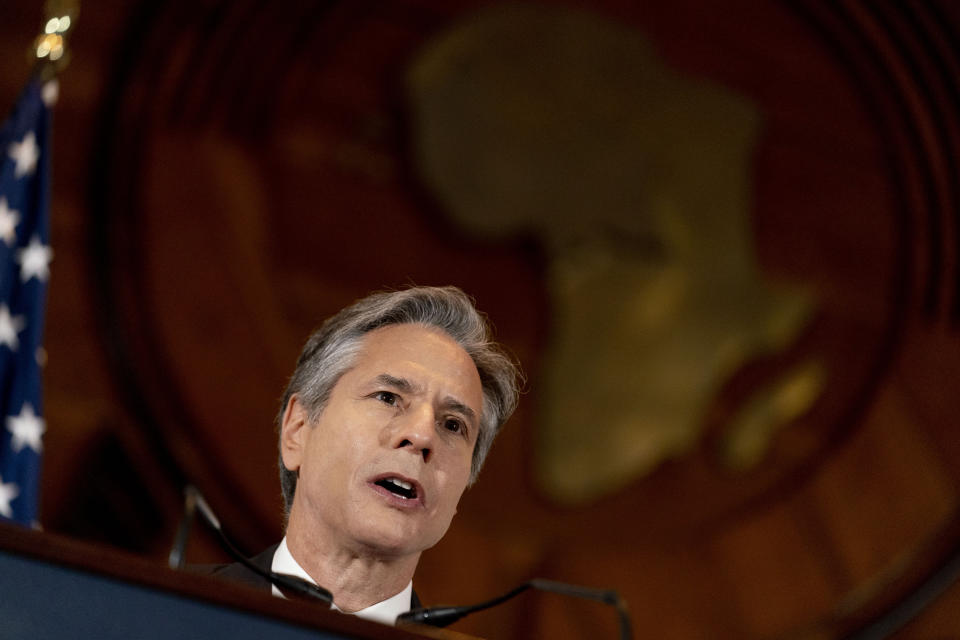 Secretary of State Antony Blinken gives a speech on U.S. Africa Policy at the Economic Community of West African States in Abuja, Nigeria, Friday, Nov. 19, 2021. Blinken is on a five day trip to Kenya, Nigeria, and Senegal. (AP Photo/Andrew Harnik, Pool)