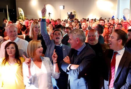 Members of the far-right Flemish separatist party Vlaams Belang react after the Belgian general and regional elections and European Parliament elections in Londerzeel, Belgium, May 26, 2019. REUTERS/Francois Lenoir