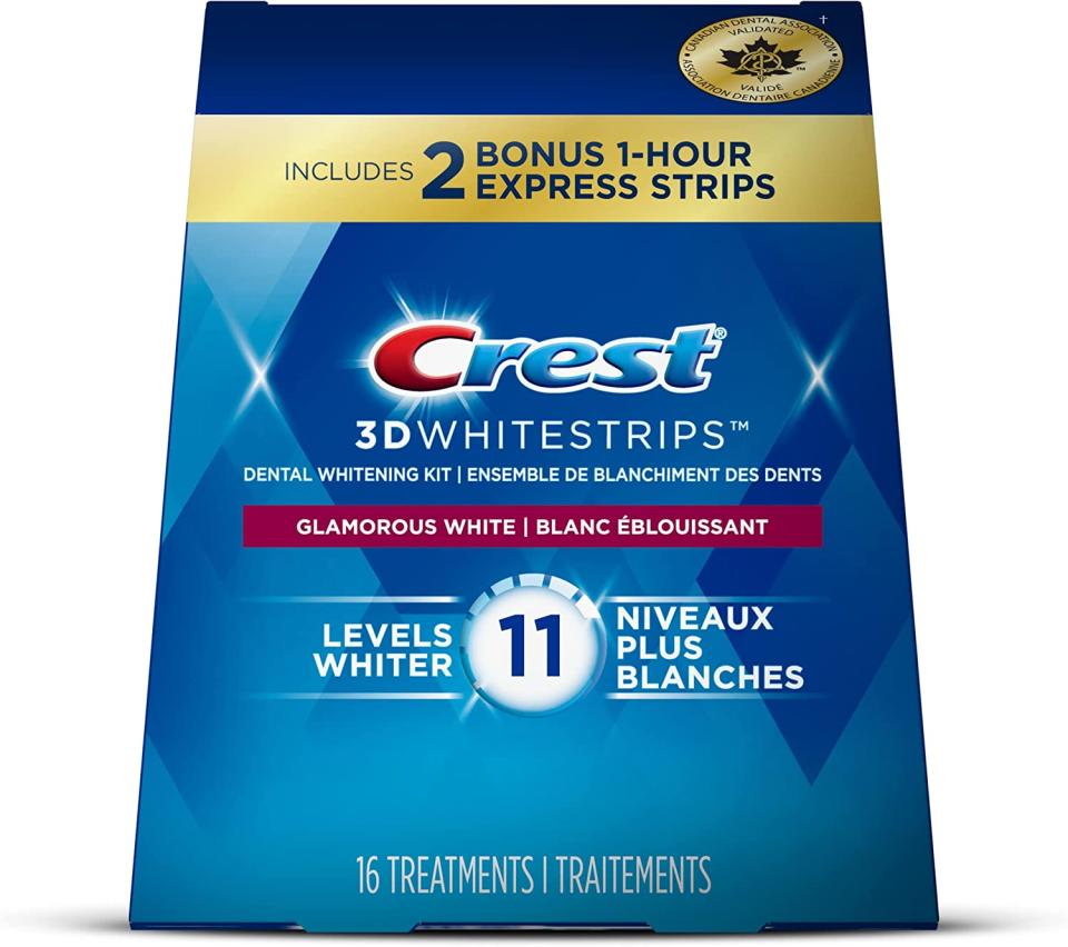 Crest 3D White Whitestrips (14) Glamorous White Treatments, + (2) Bonus* 1 Hour Express Treatments. Image via Amazon.