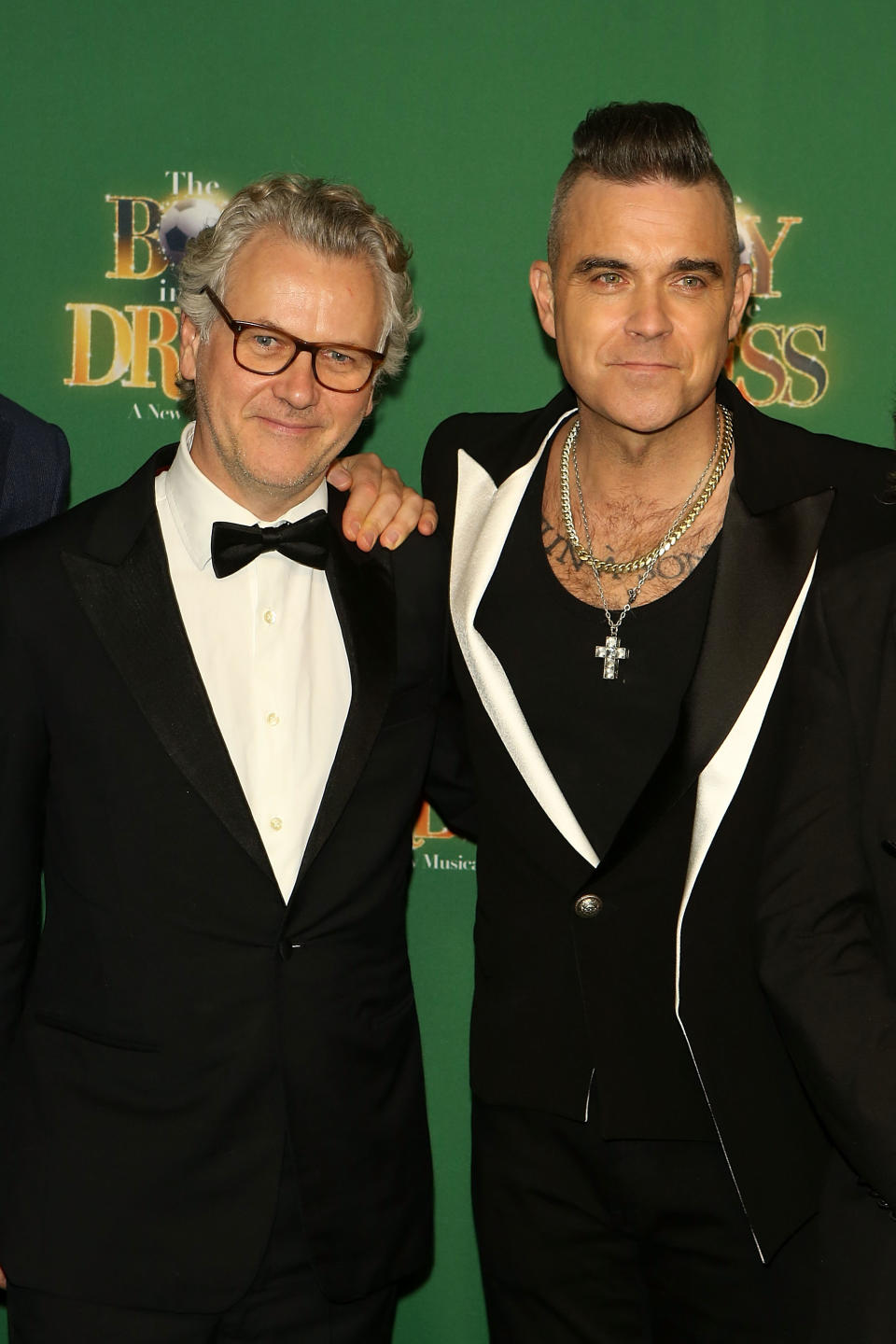 Guy Chambers and Robbie Williams attend the press night performance of "The Boy In The Dress" at Royal Shakespeare Theatre on November 28, 2019 in Stratford-upon-Avon, England.  (Photo by David M. Benett/Dave Benett/Getty Images)