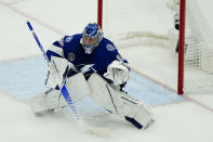 Tampa Bay Lightning goaltender Andrei Vasilevskiy waits on the play during the first period of Game 6 of the NHL hockey Stanley Cup Finals against the Colorado Avalanche on Sunday, June 26, 2022, in Tampa, Fla. (AP Photo/John Bazemore)