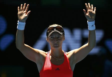 Tennis - Australian Open - Melbourne Park, Melbourne, Australia - 25/1/17 Croatia's Mirjana Lucic-Baroni celebrates winning her Women's singles quarter-final match against Czech Republic's Karolina Pliskova. REUTERS/Edgar Su