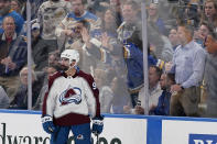 Fans react after a goal by Colorado Avalanche's Nazem Kadri during the second period in Game 4 of an NHL hockey Stanley Cup second-round playoff series against the St. Louis Blues Monday, May 23, 2022, in St. Louis. (AP Photo/Jeff Roberson)