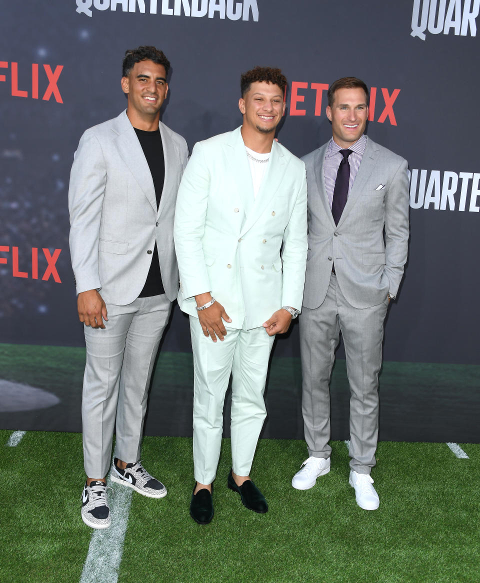 HOLLYWOOD, CALIFORNIA - JULY 11: Marcus Mariota, Patrick Mahomes and Kirk Cousinsarrives at the Los Angeles Premiere Of Netflix's 