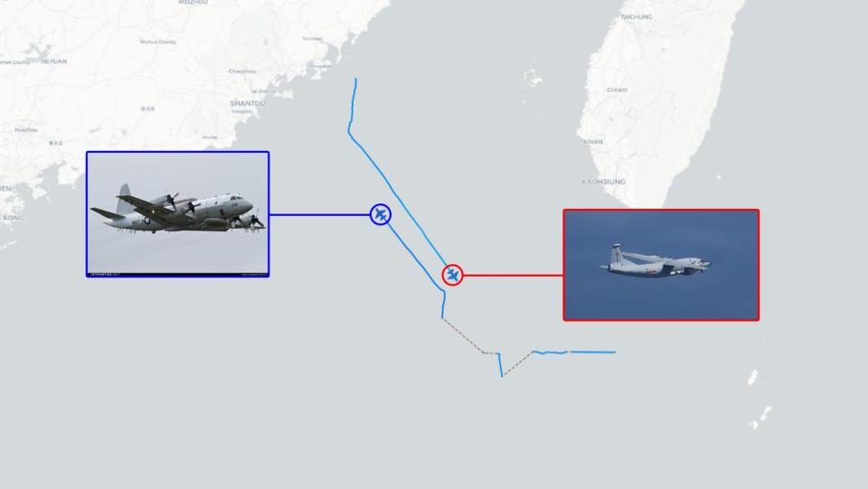 Aircraft Spots推特今日發文指出，1架美國海軍EP-3E白羊偵察機（左）與1架中共運-8G「高新三號」遠程電子干擾機（右）同時在台灣西南空域現身。   圖：擷取自推特＿@AircraftSpot