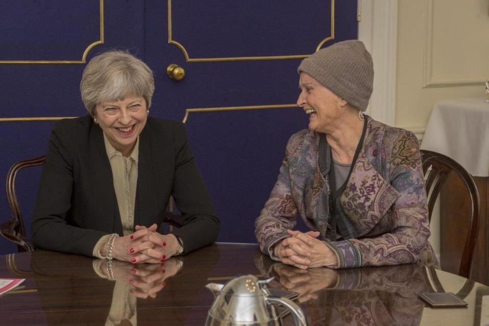 Cancer research boost: Theresa May and Tessa Jowell shared a hug as more funding for brain tumour research was announced (Downing Street)