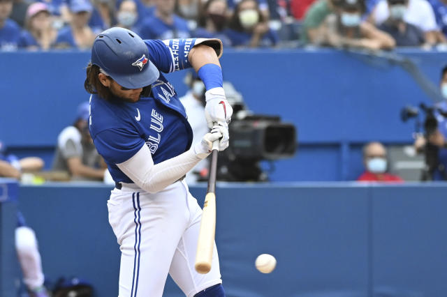 Oakland Athletics' Starling Marte hit in head by Blue Jays' Manoah