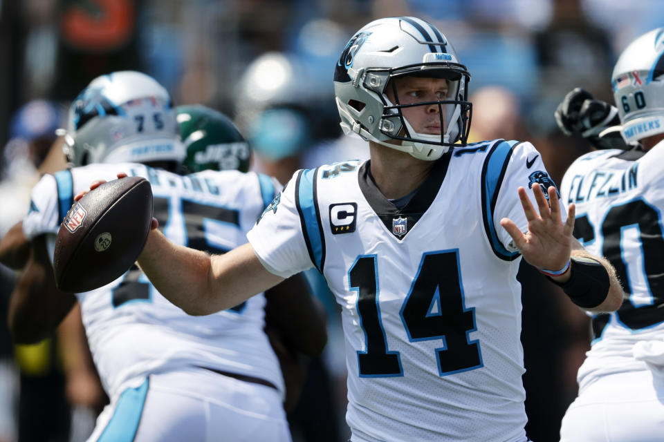 Carolina Panthers quarterback Sam Darnold passes against the New York Jets during the first half of an NFL football game Sunday, Sept. 12, 2021, in Charlotte, N.C. (AP Photo/Nell Redmond)