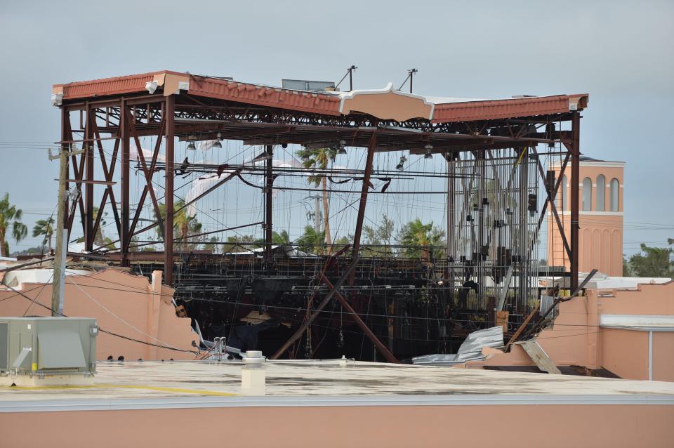 The fly tower of Venice Little Theater was destroyed by winds from Hurricane Ian on Tuesday, Sept. 29, 2022 in downtown Venice, Florida. . 