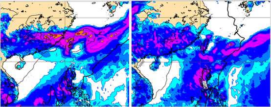 最新（18日20時）歐洲(ECMWF)模式，模擬地面氣壓及降雨量圖顯示，下周二（22日）（左圖）及周五（25日）（右圖）20時「典型梅雨滯留鋒」皆在台灣附近徘徊。（圖／翻攝自「三立準氣象· 老大洩天機」專欄）