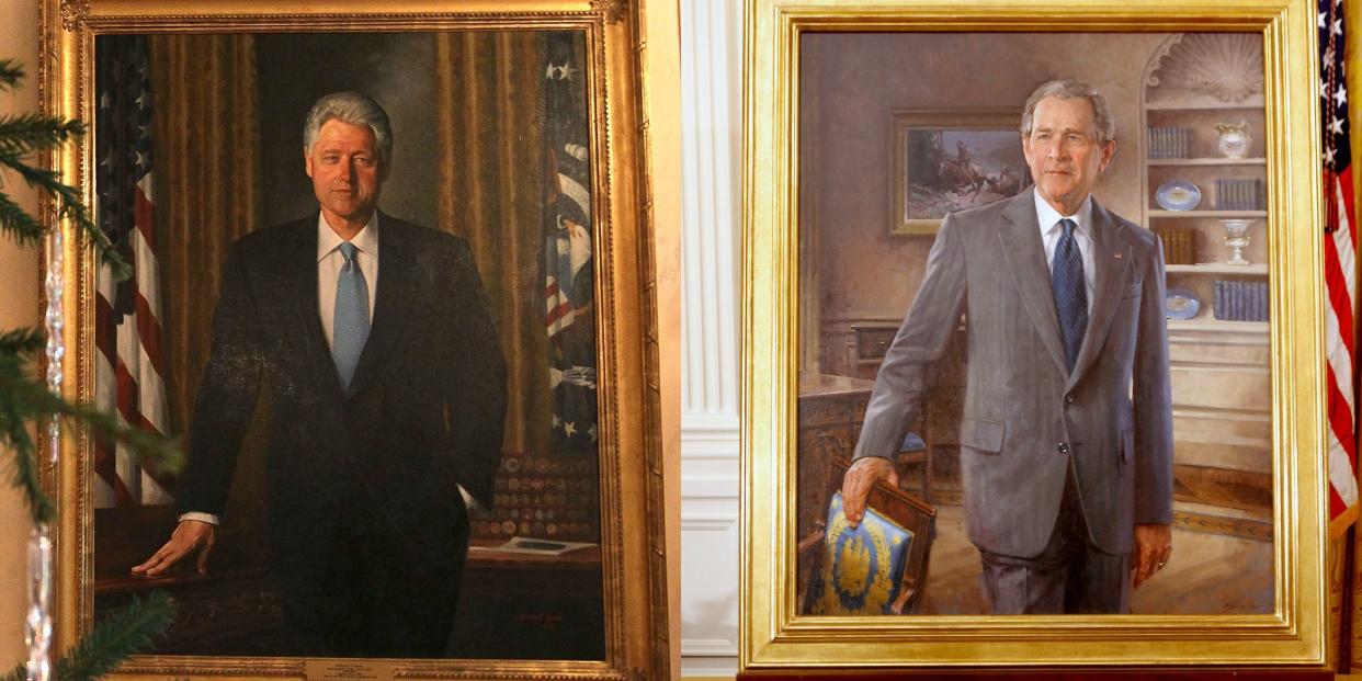 White House portraits of former Presidents Bill Clinton and George W. Bush.