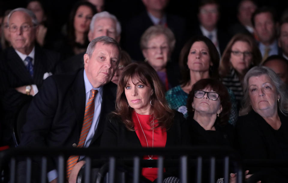 Dick Durbin (left) sits behind (left to right) Paula Jones, Kathleen Willey and Juanita Broaddrick at the presidential debate at Washington University in St. Louis on Oct. 9, 2016. (Photo: Scott Olson/Getty Images)
