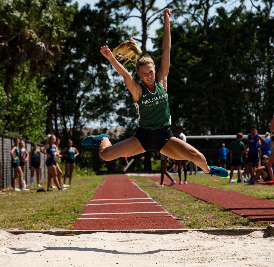 St. John Neumann’s  Leah Martin-Gonzales wins the long jump at  the Private 8 meet at ECS on Friday, April 8, 2022. 