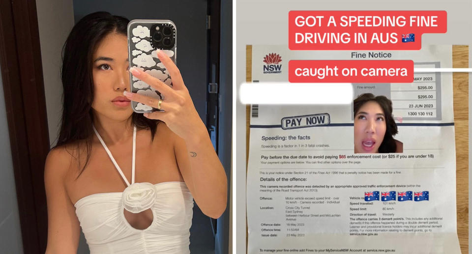 Sophia Kim selfie; TikTok video about a speeding fine